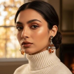 Vintage Clip-on Chandelier Earrings by Vendome Silver Tone Orange Clear Beads